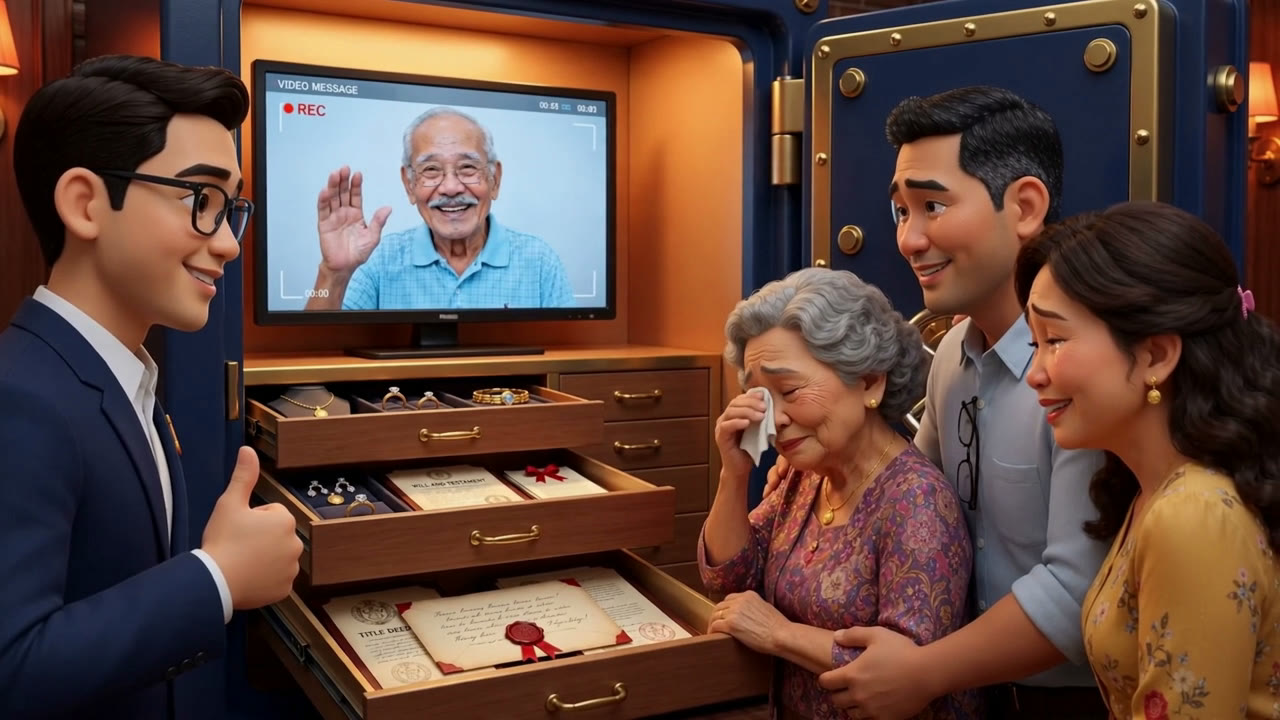 A family watching the owner's video message at the opening